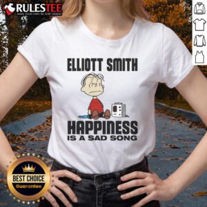 Funny Elliott Smith 'Happiness Is A Sad Song' Peanuts ladies tee featuring playful graphics and vibrant colors.