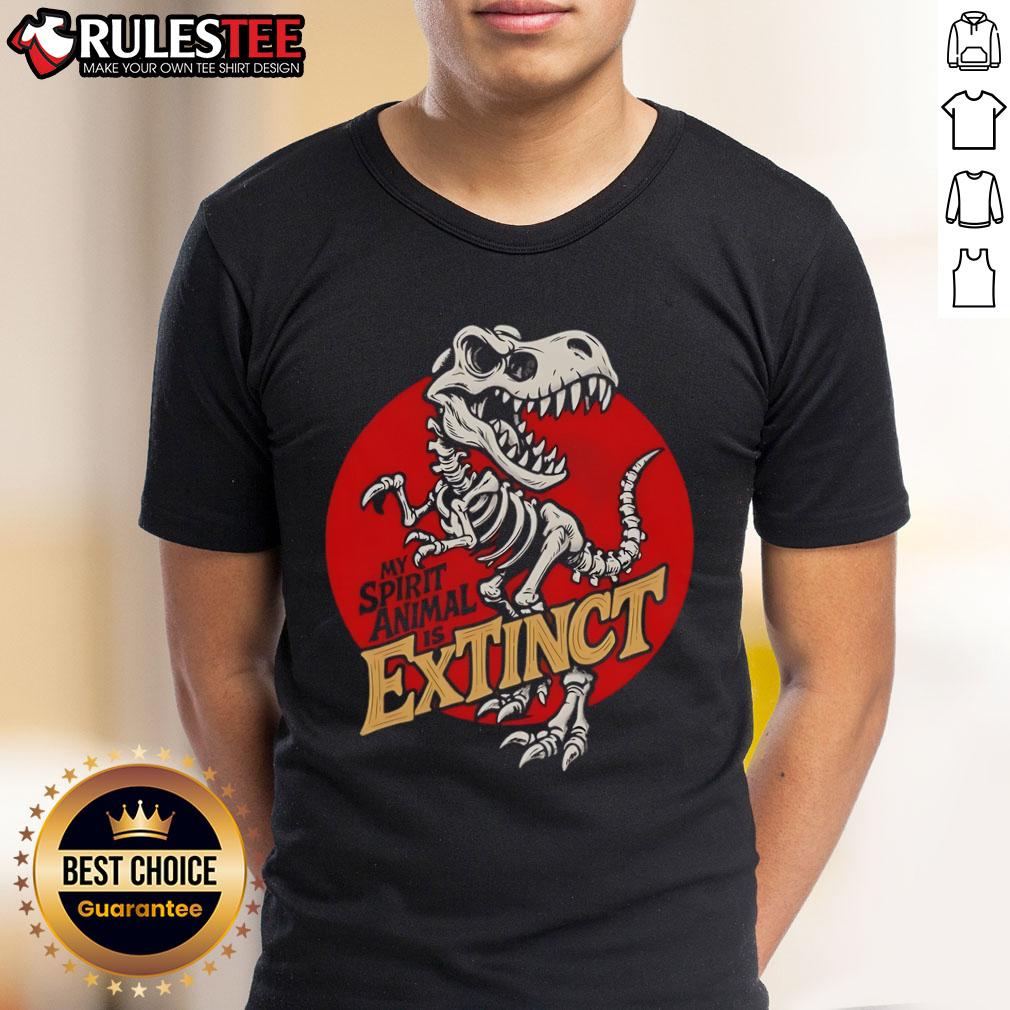 Alt Text: Funny T-Rex skeleton graphic on a quirky My Spirit Animal Is Extinct t-shirt, perfect for dinosaur lovers.