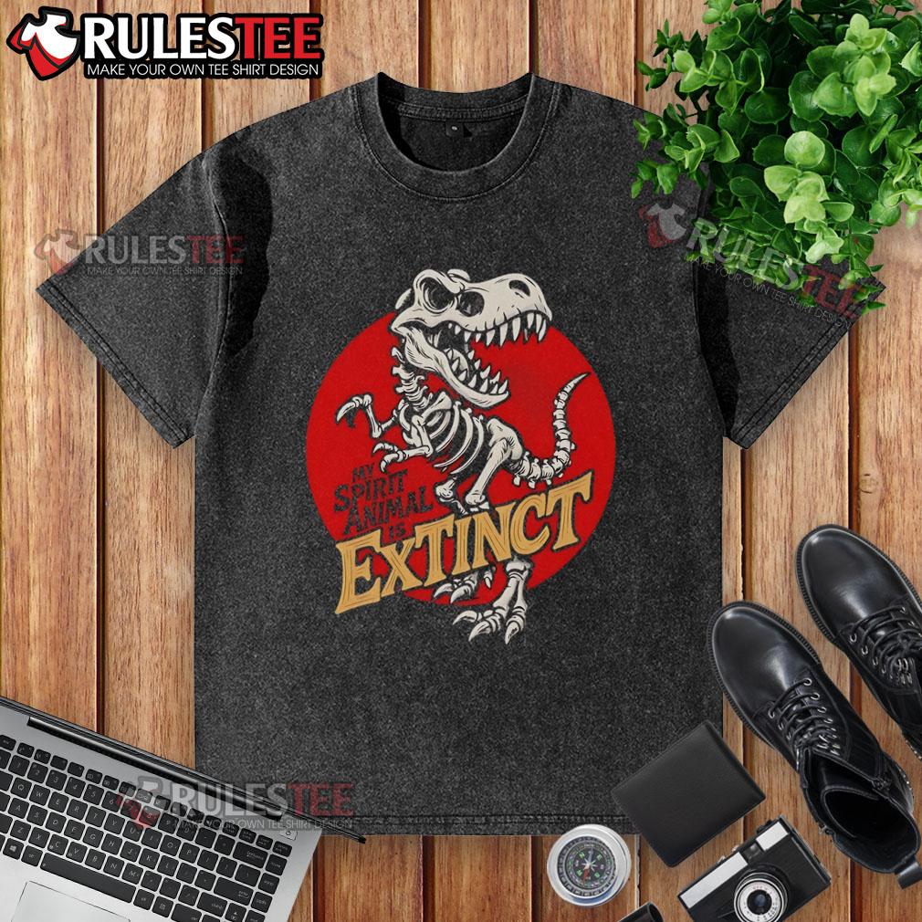 Alt Text: Funny T-Rex skeleton graphic on a washed t-shirt, perfect for dinosaur lovers who relate to their extinct spirit animal.