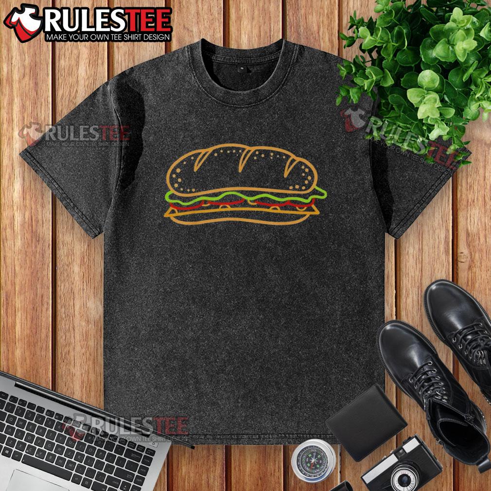 Funny sub sandwich food washed T-shirt featuring a quirky graphic design of a delicious sub sandwich.