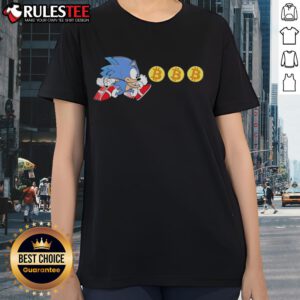 Funny Hedgehog Bitcoin Grab graphic on Sonic Ladies Tee, perfect for gamers and cryptocurrency enthusiasts.