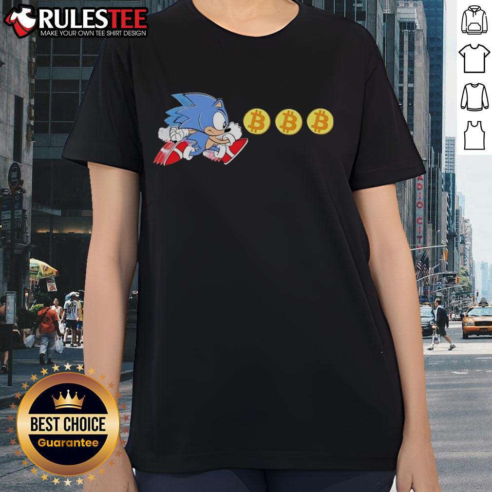 Funny Hedgehog Bitcoin Grab graphic on Sonic Ladies Tee, perfect for gamers and cryptocurrency enthusiasts.