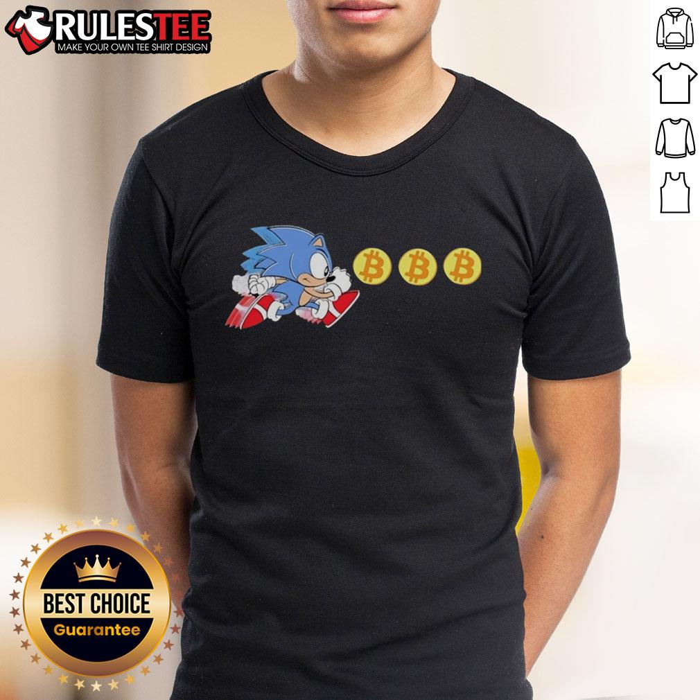 Funny The Hedgehog Bitcoin Grab Sonic T-Shirt featuring a playful Sonic design with Bitcoin graphics. Perfect for gamers!