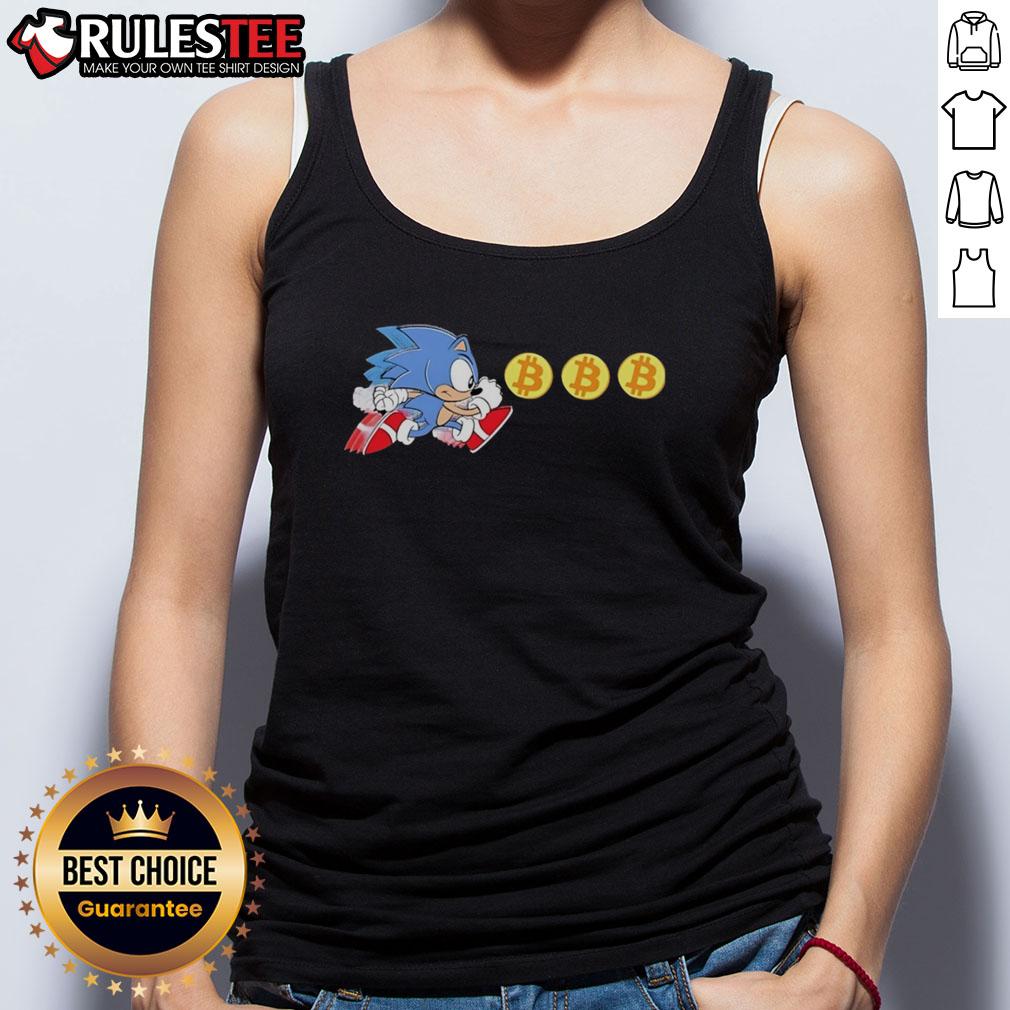Funny hedgehog graphic on a Bitcoin-themed Sonic tank top, perfect for gamers and crypto enthusiasts.
