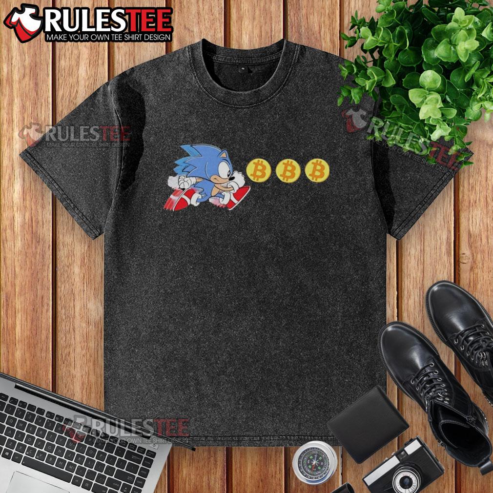 Alt Text: Funny Hedgehog Bitcoin Grab graphic on a washed Sonic T-shirt, perfect for gaming and meme enthusiasts.