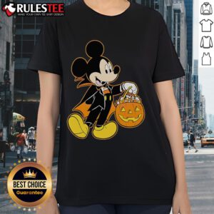 Good Mickey Mouse Halloween Dracula Pumpkin Candy Glow Ladies Tee, perfect for festive fall celebrations and Disney fans.