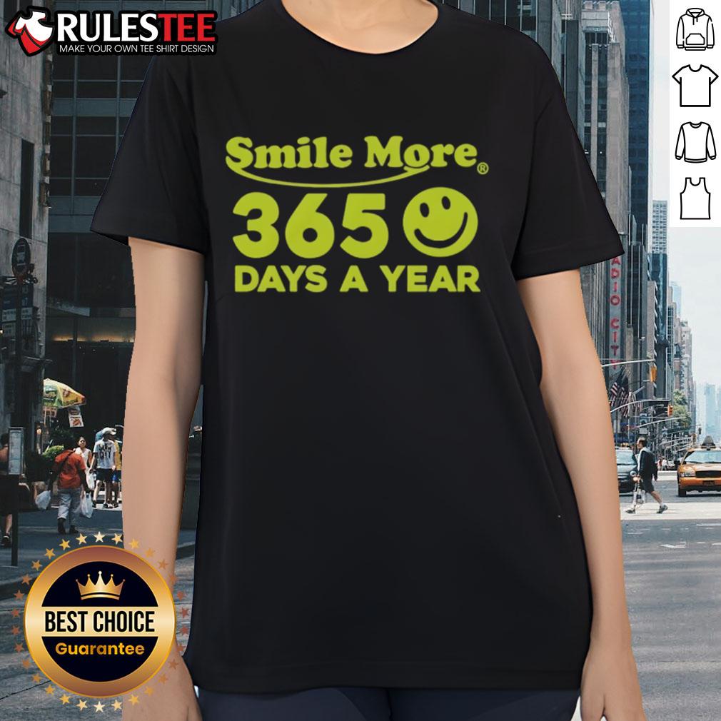 Good Roman Atwood Smile More 365 Days a Year ladies tee, featuring a cheerful design perfect for casual wear.