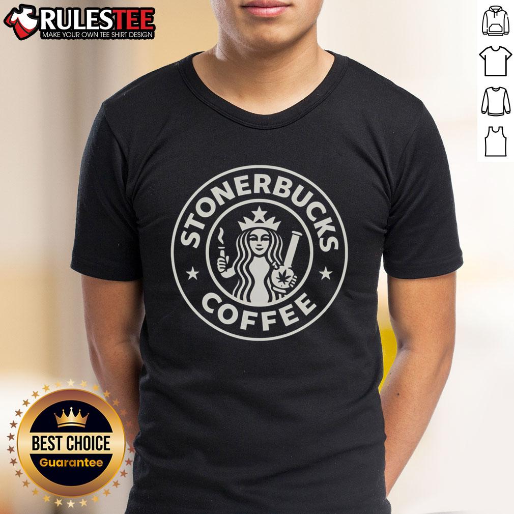 Good Stonerbucks Coffee X Starbucks logo t-shirt featuring a unique design blending cannabis culture and coffee branding.