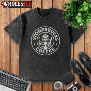 Good Stonerbucks Coffee X Starbucks logo washed t-shirt featuring a unique cannabis-inspired design for casual wear.