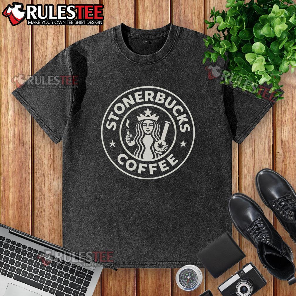 Good Stonerbucks Coffee X Starbucks logo washed t-shirt featuring a unique cannabis-inspired design for casual wear.