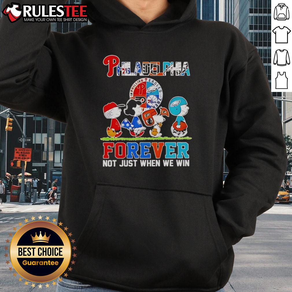Alt Text: Good The Peanuts Philadelphia Sport Teams Logo hoodie with 'Forever Not Just When We Win' slogan, showcasing team pride.