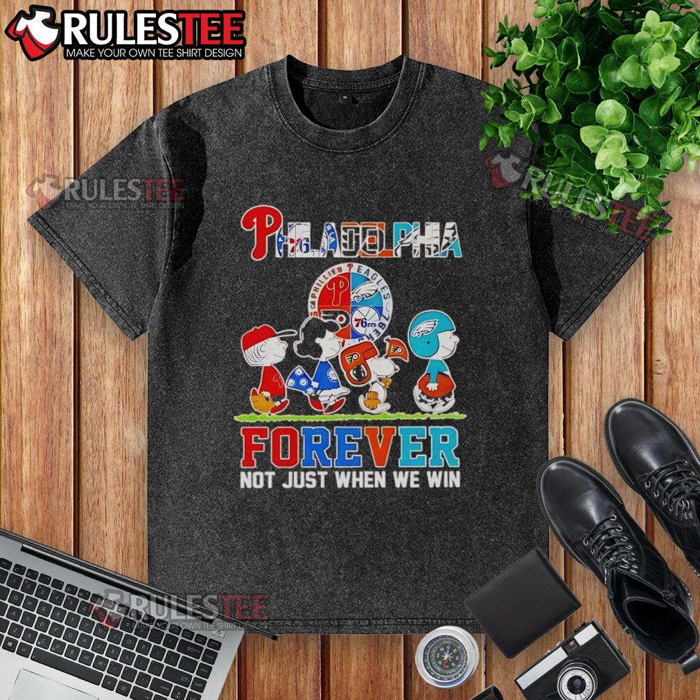 Alt Text: Good The Peanuts Philadelphia Sport Teams logo on a washed t-shirt, celebrating loyalty through wins and losses.