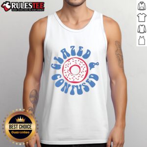 Happy Glazed and Confused donut tank top featuring a colorful donut graphic, perfect for casual summer outfits.
