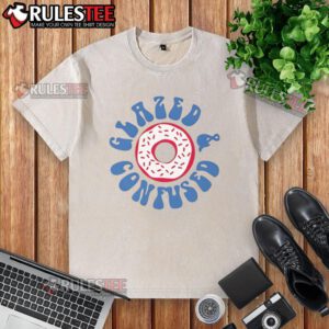 Happy glazed and confused donut design on a washed t-shirt, perfect for fun casual wear and donut lovers.