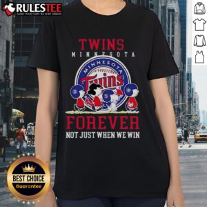 Happy Peanuts Charlie Brown and Snoopy on a Minnesota Twins baseball tee: 'Forever, Not Just When We Win' design.