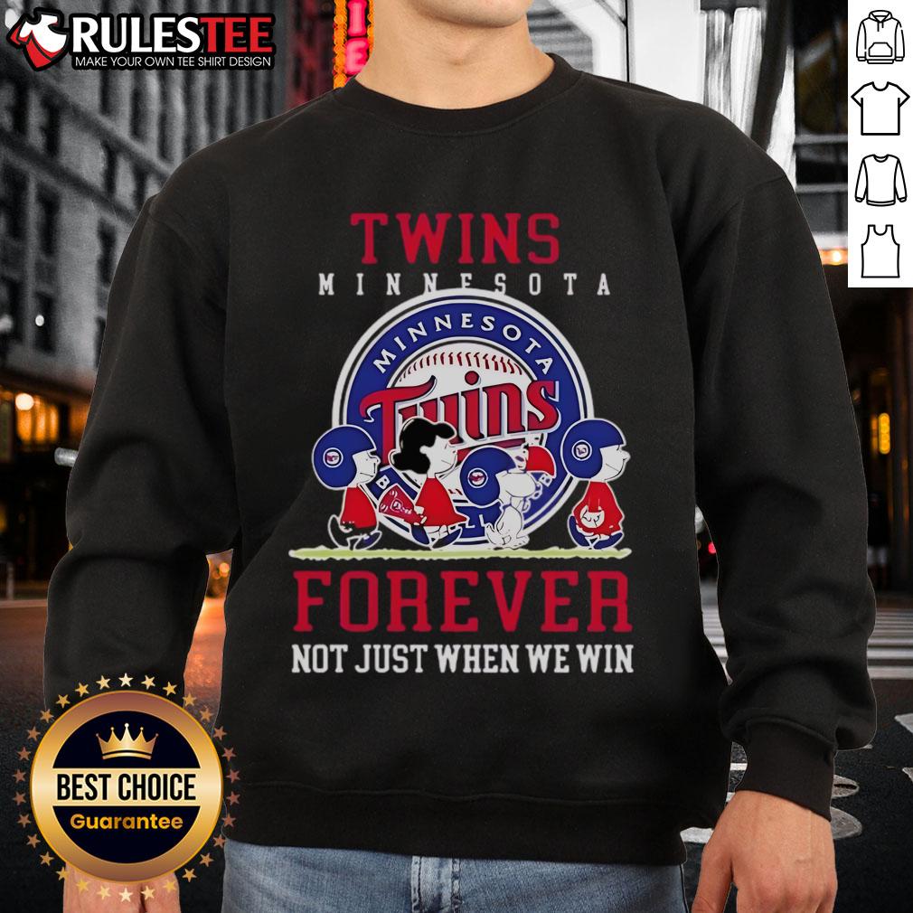 Happy Peanuts Charlie Brown and Snoopy in Minnesota Twins Baseball sweatshirt, celebrating fandom forever, not just wins.