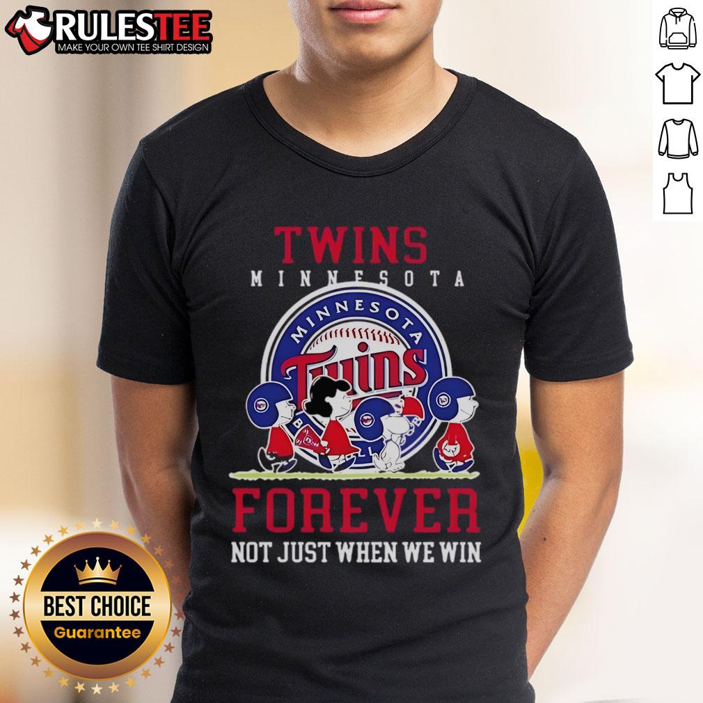 Alt Text: Happy Peanuts Charlie Brown and Snoopy in Minnesota Twins baseball t-shirt: 'Forever, Not Just When We Win'