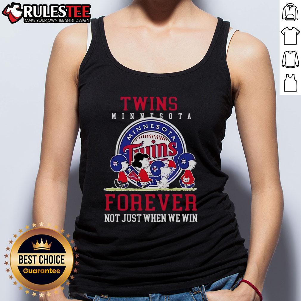 Happy Peanuts Charlie Brown and Snoopy in Minnesota Twins baseball tank top, celebrating fandom year-round, not just wins.