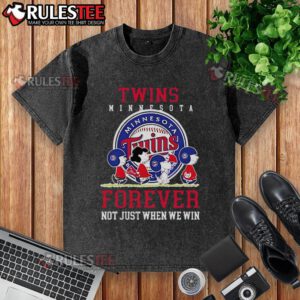 Happy Peanuts t-shirt featuring Charlie Brown and Snoopy, celebrating Minnesota Twins baseball with 'Forever, Not Just When We Win.'