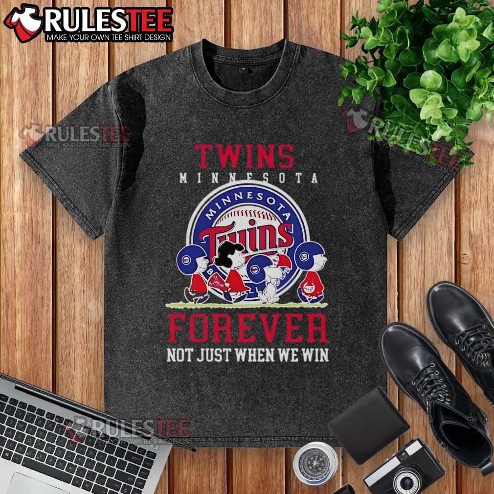 Happy Peanuts t-shirt featuring Charlie Brown and Snoopy, celebrating Minnesota Twins baseball with 'Forever, Not Just When We Win.'