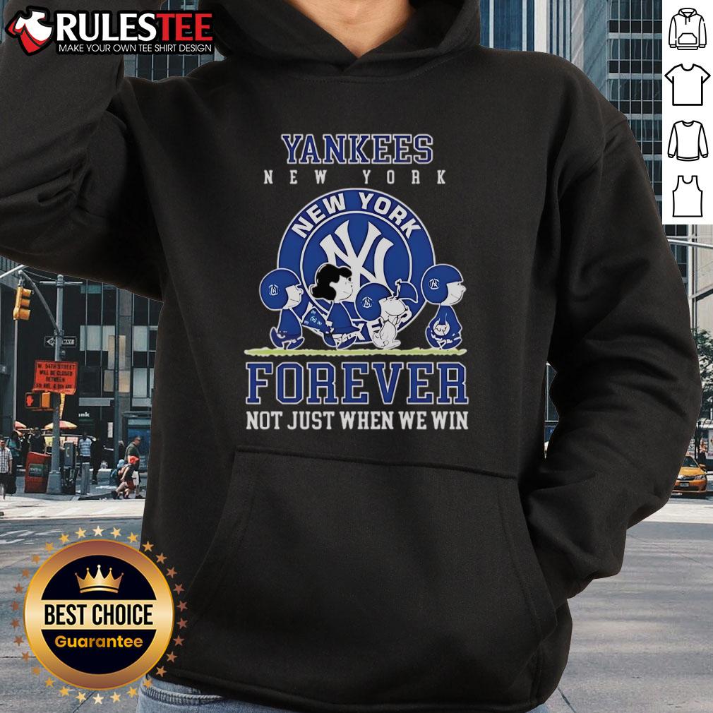 Happy Peanuts Charlie Brown and Snoopy in New York Yankees hoodie, celebrating baseball forever, not just when we win.