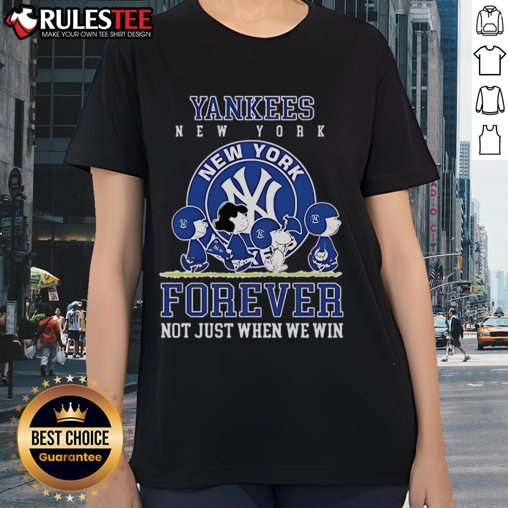 Happy Peanuts Charlie Brown and Snoopy in New York Yankees baseball tee: 'Forever, Not Just When We Win' design.