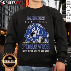 Alt Text: Happy Peanuts Charlie Brown and Snoopy in New York Yankees sweatshirt - Forever, not just when we win.