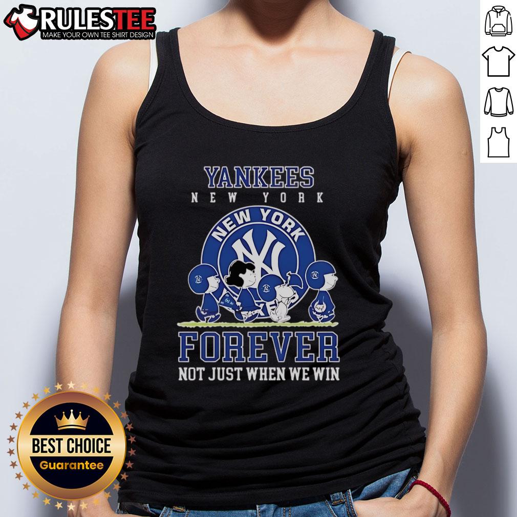 Alt Text: Happy Peanuts Charlie Brown and Snoopy in New York Yankees tank top, celebrating baseball forever, not just when they win.