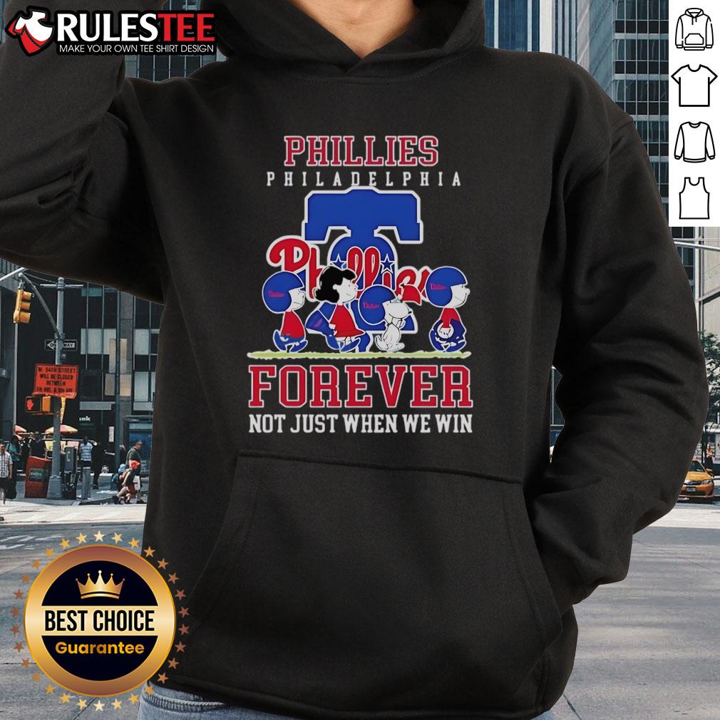 Happy Peanuts Charlie Brown and Snoopy hoodie featuring Philadelphia Phillies logo, celebrating baseball fandom forever.
