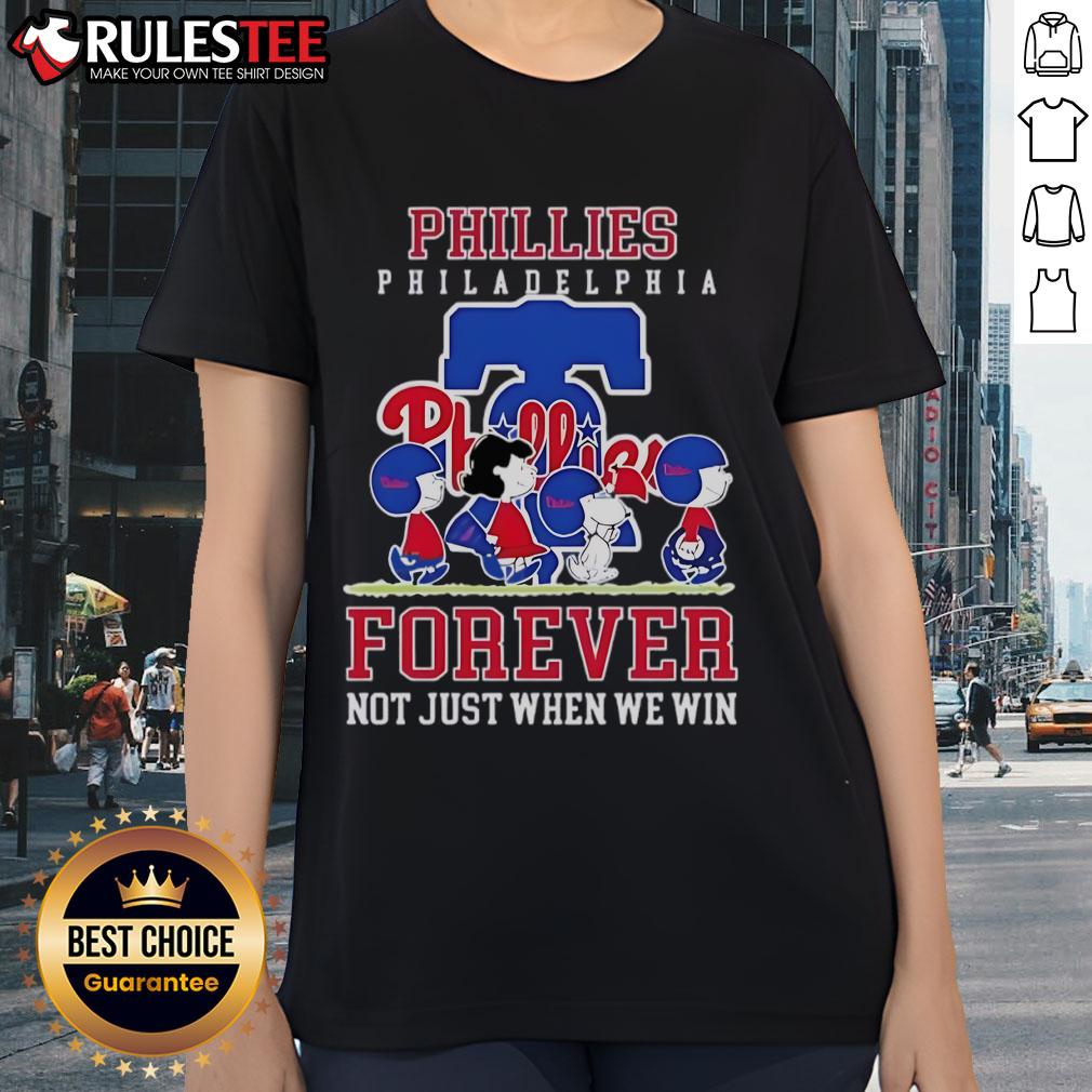 Happy Peanuts Charlie Brown and Snoopy in Philadelphia Phillies baseball tee celebrating fandom, 'Forever, Not Just When We Win.'