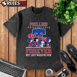 Happy Peanuts Charlie Brown and Snoopy on Philadelphia Phillies baseball t-shirt, 'Forever, Not Just When We Win' design.