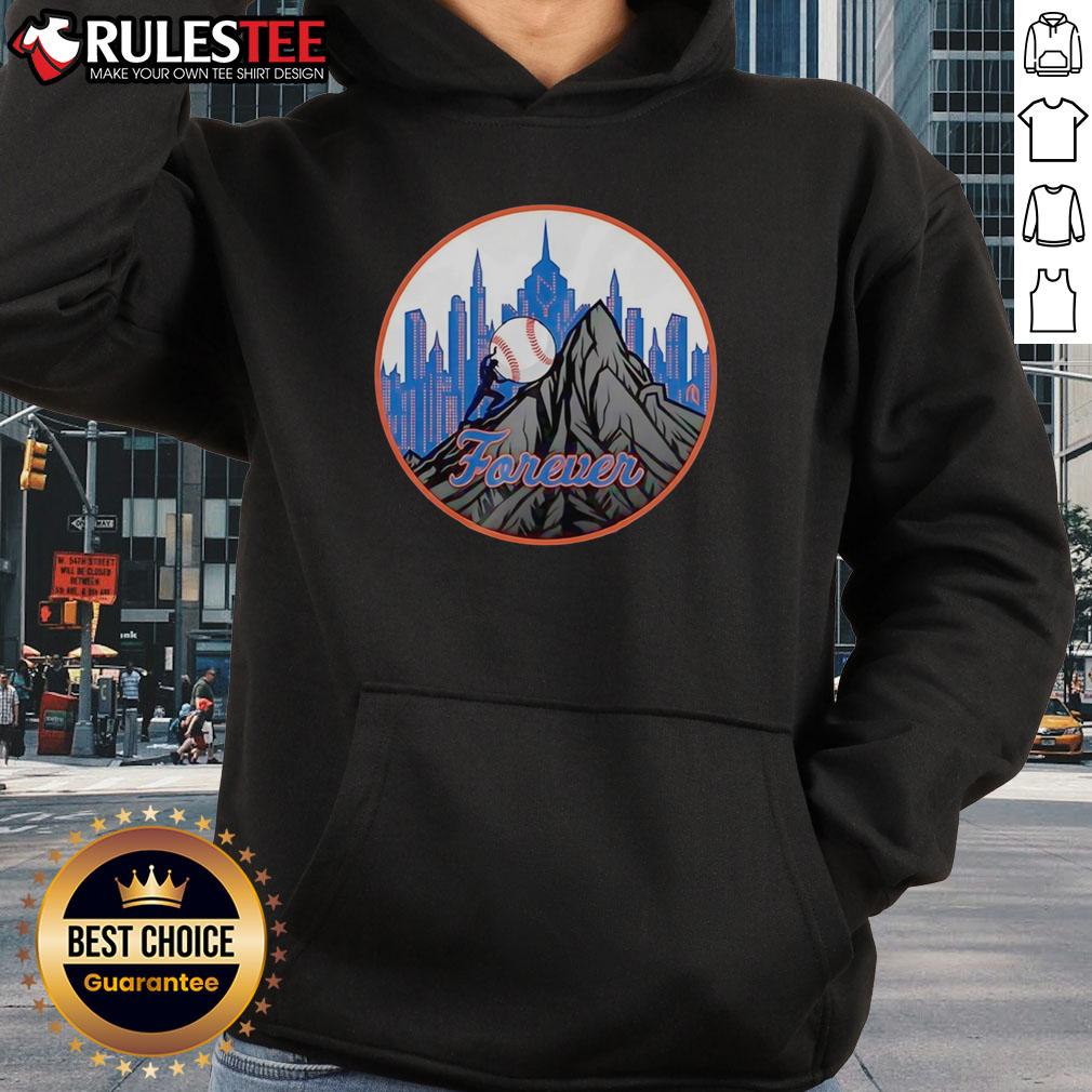 Alt Text: Happy Skyline Forever New York Mets baseball hoodie featuring vibrant team colors and stylish design.