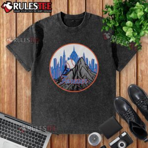 Alt Text: Happy Skyline Forever New York Mets baseball washed t-shirt featuring vibrant team logo and relaxed fit design.