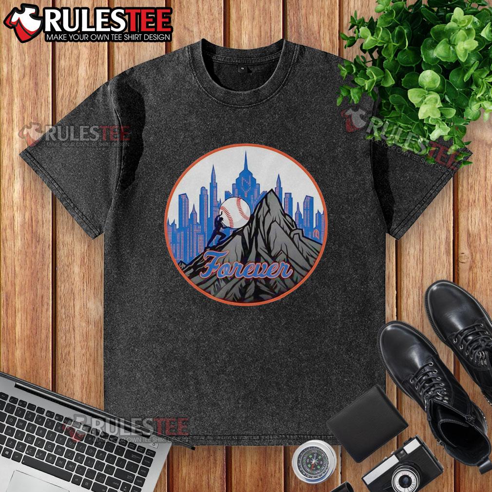 Alt Text: Happy Skyline Forever New York Mets baseball washed t-shirt featuring vibrant team logo and relaxed fit design.