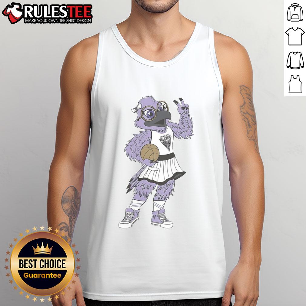 Violet the Raven mascot poses in a Nice Golden State Valkyries WNBA tank top, showcasing team spirit and vibrant colors.