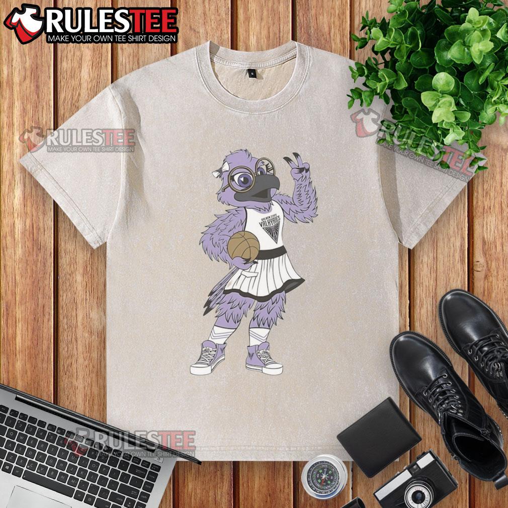 Alt Text: Violet the Raven mascot poses in a nice golden state Valkyries WNBA washed t-shirt, showcasing team spirit.