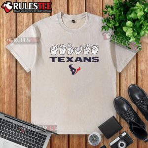 Nice Houston Texans Football homage youth love sign with hand signals on a washed t-shirt, perfect for young fans.