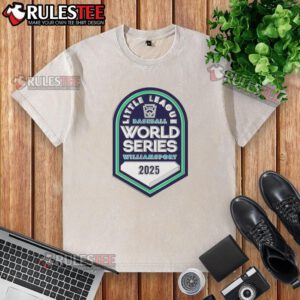 2025 Little League Baseball World Series logo on a washed t-shirt, featuring vibrant colors and sporty design.