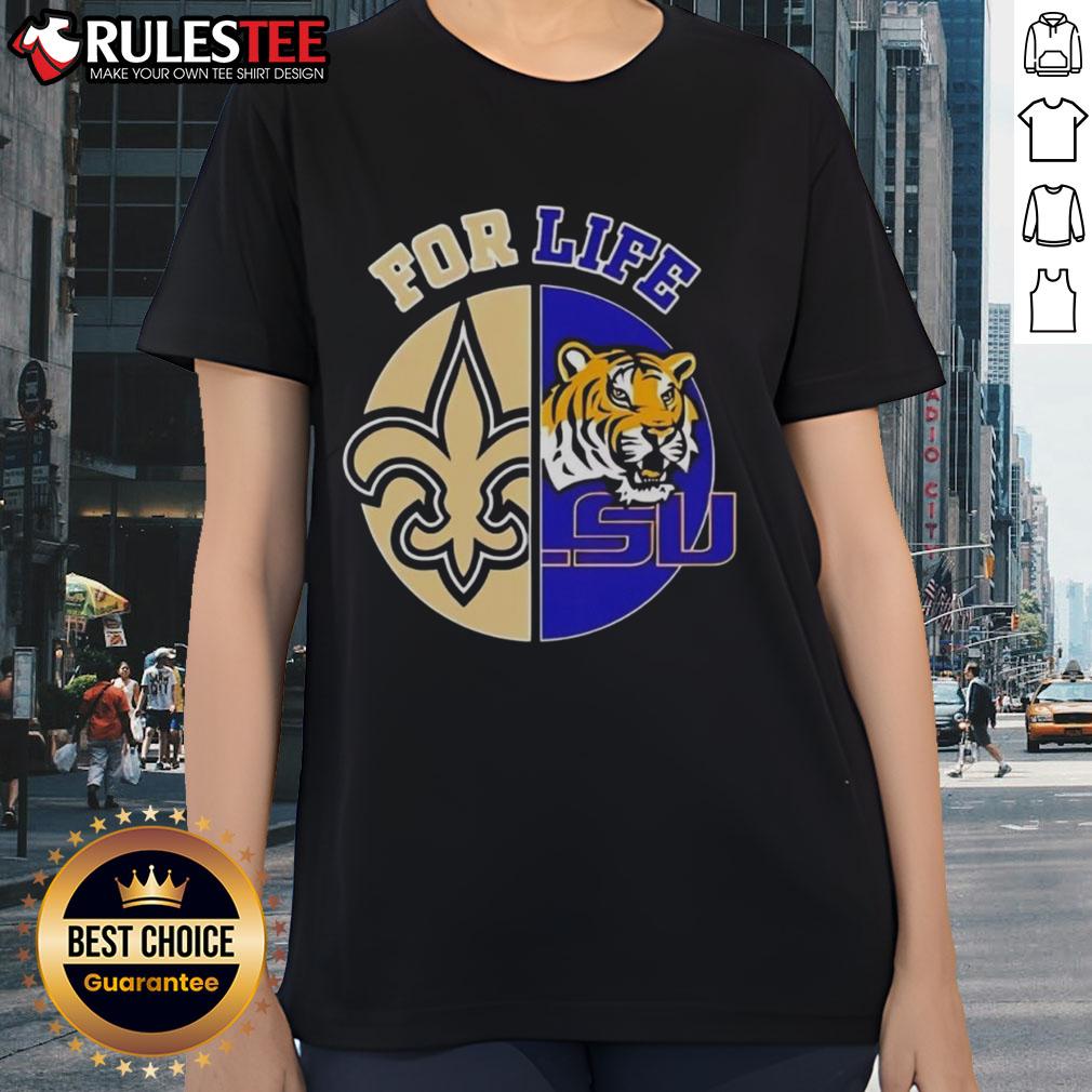 Alt Text: Louisiana State University x New Orleans Saints Football For Life logo on a ladies tee for sport lovers.