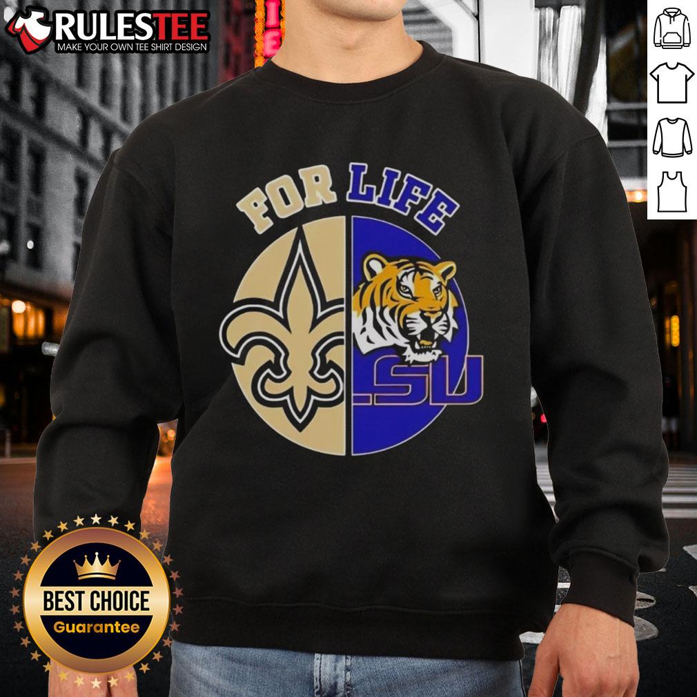Louisiana State University x New Orleans Saints sweatshirt featuring 'Football For Life' logo for sports lovers.