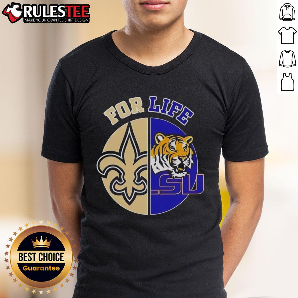Alt Text: Louisiana State University X New Orleans Saints Football For Life logo on a sporty t-shirt for fans and sport lovers.