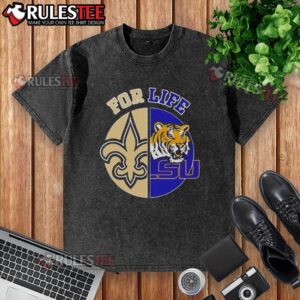 Alt Text: Louisiana State University x New Orleans Saints Football for Life logo on a washed t-shirt for sports lovers.