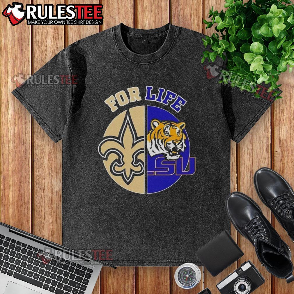Alt Text: Louisiana State University x New Orleans Saints Football for Life logo on a washed t-shirt for sports lovers.