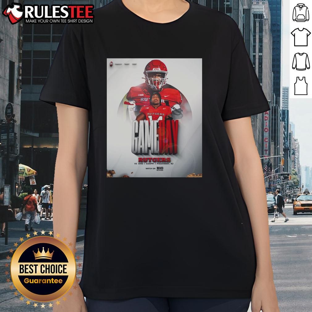 Womens Rutgers Scarlet Knights football gameday tee vs. Ohio, featuring team colors and logo for spirited fans.