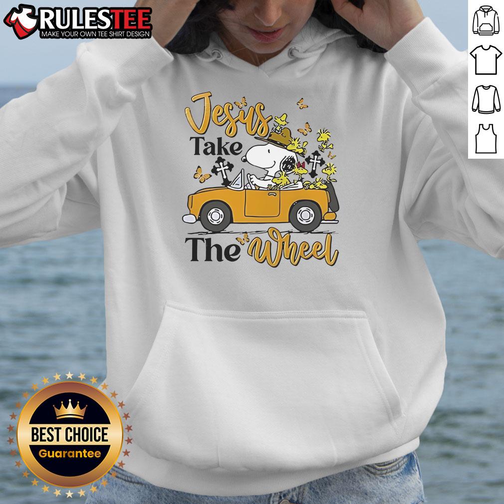 Nice Snoopy Jesus Take The Wheel Hoodie featuring a playful Snoopy graphic and inspirational text on a cozy fabric.