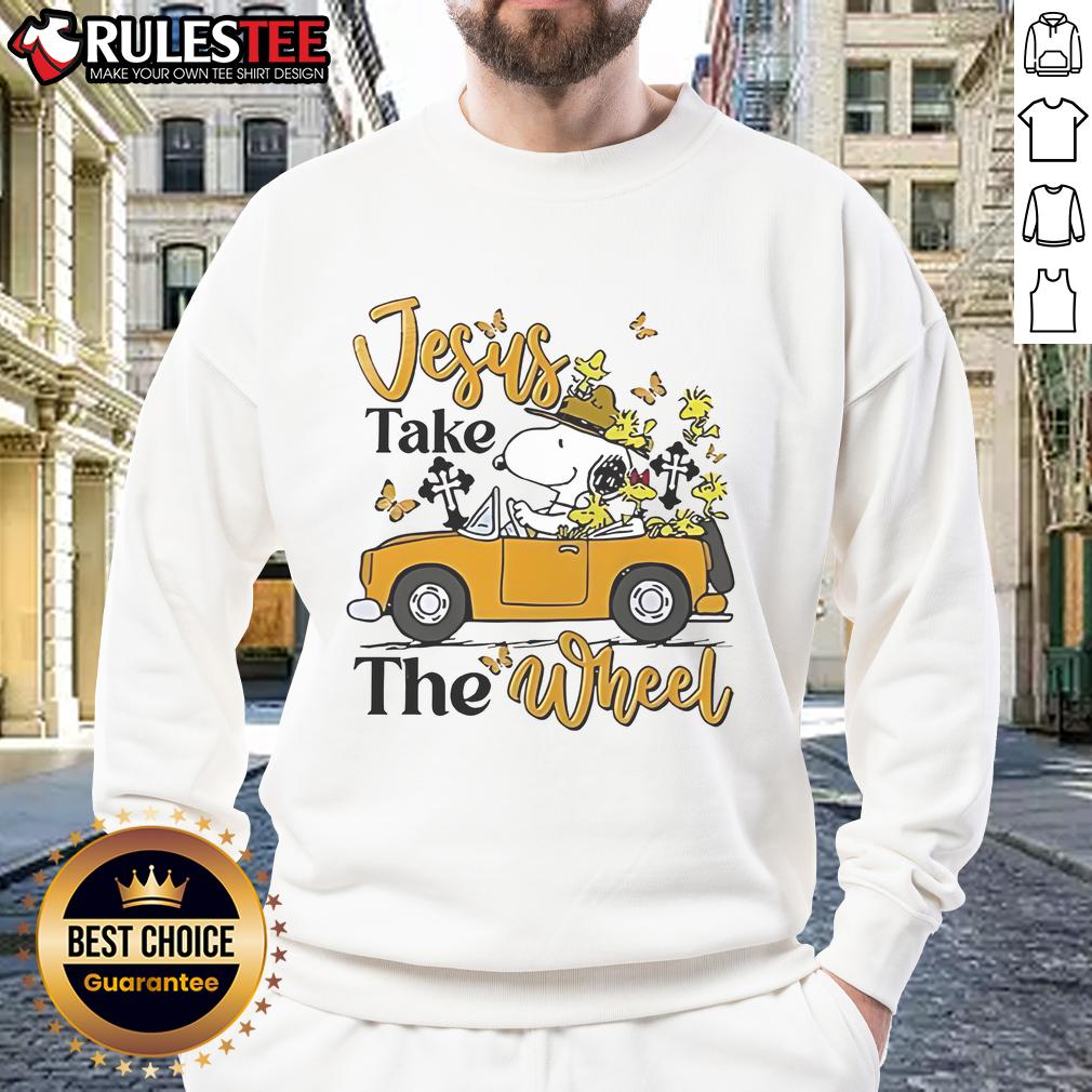 Cozy Nice Snoopy Jesus Take The Wheel Sweatshirt featuring a playful Snoopy design, perfect for casual wear.