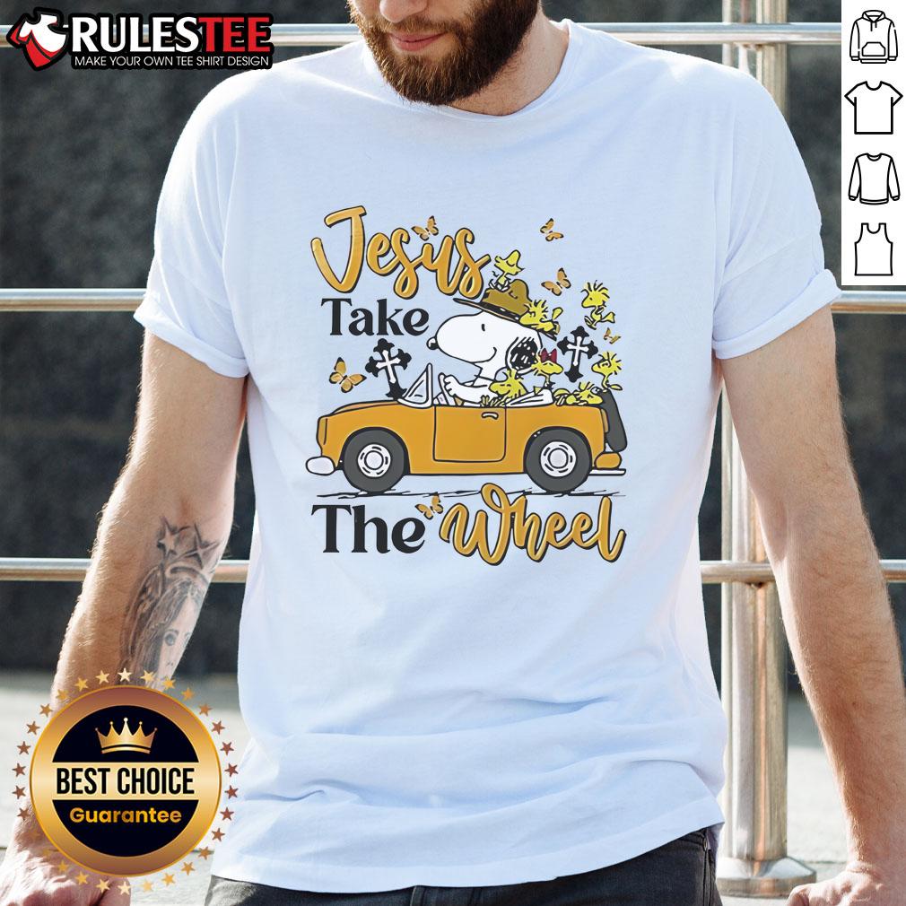 Alt Text: Nice Snoopy Jesus Take The Wheel T-Shirt featuring Snoopy driving with a fun faith-inspired design.