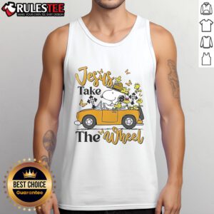 Alt Text: Snoopy Jesus Take The Wheel tank top featuring a colorful design, perfect for casual summer wear and fan apparel.