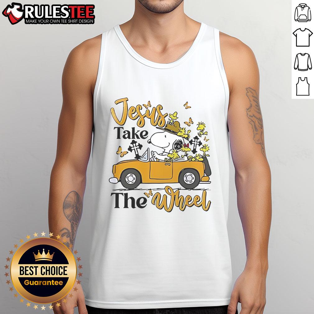 Alt Text: Snoopy Jesus Take The Wheel tank top featuring a colorful design, perfect for casual summer wear and fan apparel.