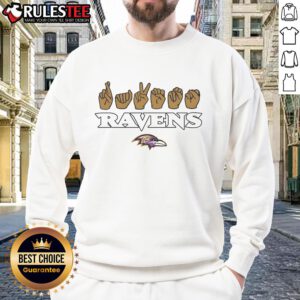 Official Baltimore Ravens Football Youth Love Sign Hand Signals Sweatshirt in vibrant colors, perfect for young fans.
